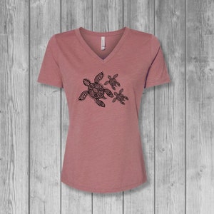 Sea Turtle Shirt, V Neck Turtle Shirt Women, Graphic Tees for Women, Soft and Stretchy Tees, Bella Canvas T-shirts Mauve (black)