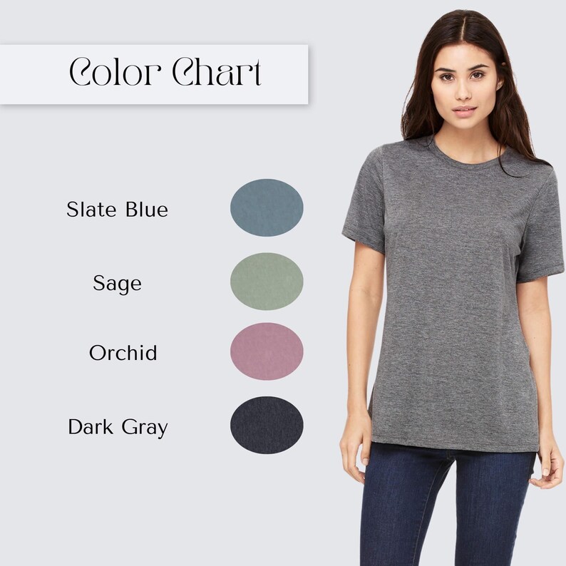 Women's short-sleeve t-shirt color chart showing dusty light mauve, orchid pink, slate teal blue, dusty sage green, and dark charcoal gray. All colors are a heather material.