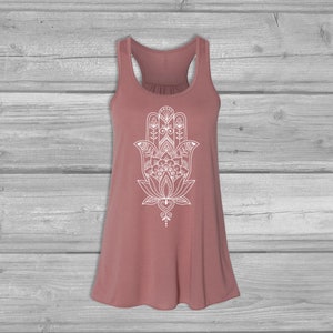 Flowy Yoga Tank for Women, Hamsa Hand Lotus, Bella Canvas Racerback, Boho Graphic Shirt, Relaxed Fit, Lightweigth