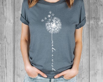 Make A Wish Shirt, Dandelion TShirt with Saying, Relaxed Fit Graphic Tees for Women, Soft Comfy