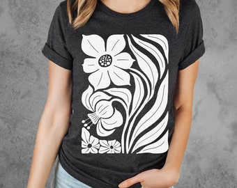 Artistic Floral Tshirts for Women, Modern Chic Cute Cool Tees, Modern Abstract Flower Screen Print on a Bella Relaxed Fit Top