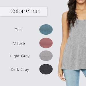 Women's sleeveless racerback tank from Bella Canvas, color chart showing dusty light mauve, slate teal blue, light heather gray, and dark charcoal gray. All colors are heathered, flowy, and lightweight.