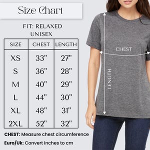 Women's short-sleeve t-shirt size chart showing XS, S, M, L, XL, and XXL. Notes that it is a relaxed unisex fit and to size down one for a more fitted look. Sizes: Xtra Small, Small, Medium, Large, Xtra Large, 2XL. Made in the U.S.A.