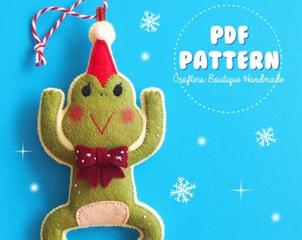 Christmas Frog Felt Ornament. PDF felt pattern. Digital file.