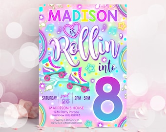 May include: A colorful invitation for a birthday party with a rainbow background and roller skates. The invitation says "Madison is Rollin' into 8" with the date and time of the party.