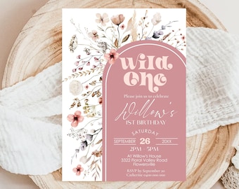 WILDFLOWER Birthday Invitation Editable Wildflower Party Invite Boho Wildflower 1st Birthday Invite Boho Girl Wild One Invitation Template