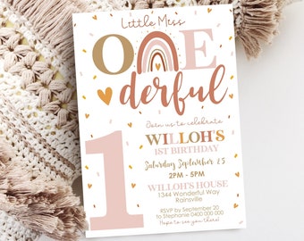 BOHO RAINBOW 1st Birthday Invitation Editable Little Miss Onederful Invitation Digital Modern Rainbow First Birthday Invitation Girl Party