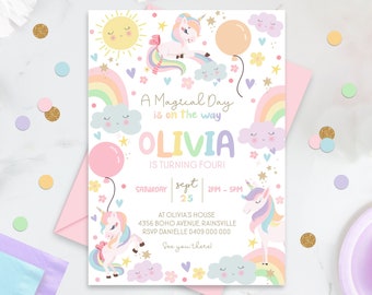 RAINBOW UNICORN Birthday Invitation Editable Magical Unicorn Party Invite Pastel Rainbow Unicorn Birthday Download Whimsical Unicorn U1