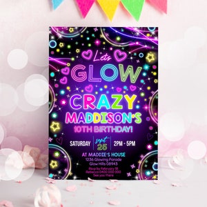 NEON GLOW INVITATION Instant download Neon Invitations Glow Invitation Glow Party Printable Neon Glow Crazy Invitation Edit yourself Corjl