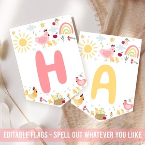 CHICKEN BANNER Editable Chicken Party Flags This Chick is One Birthday Banner Corjl Chicken Happy Birthday Banner Editable Bunting Flags