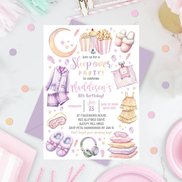 SLEEPOVER PARTY INVITATION Slumber Invitation Sleep over Birthday Invitation Girl Pajama Party Editable Slumber Party Invitation Corjl Sleep