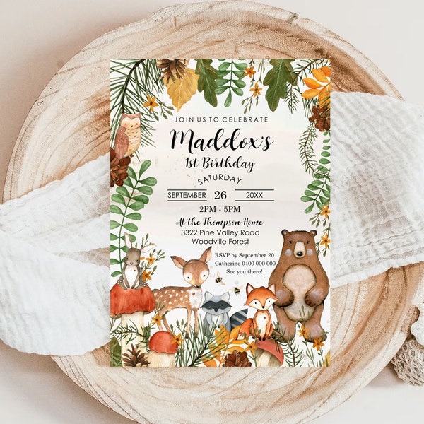 Woodland Birthday Invitation Editable Woodland Animals Birthday Invitation Boy 1st Birthday Invitation Woodland Forest Animals invitation