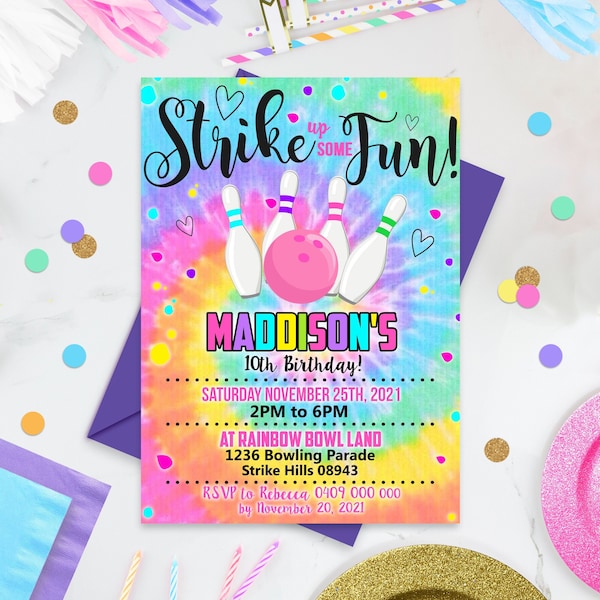 BOWLING PARTY-EINLADUNG Bowling-Batik-Einladung Tie Dye Bowling-Einladung Corjl Einladung Bowling-Geburtstagsfeier Corjl Bearbeitbares Corjl