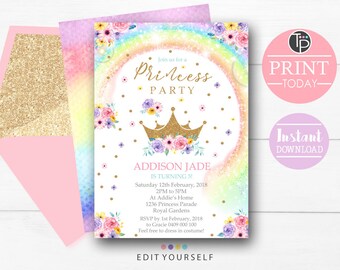 rainbow princess invitation princess and rainbow invitation instant download princess crown invitation gold princess invitation