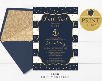 Bay Nautical Bridal Shower Invitation Printed Invite Navy Stripes Cream Mint And Peach With Gold Glitter Anchors