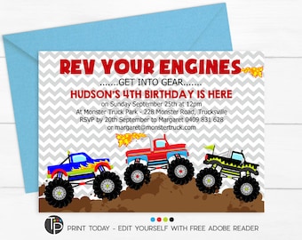 monster truck invite etsy