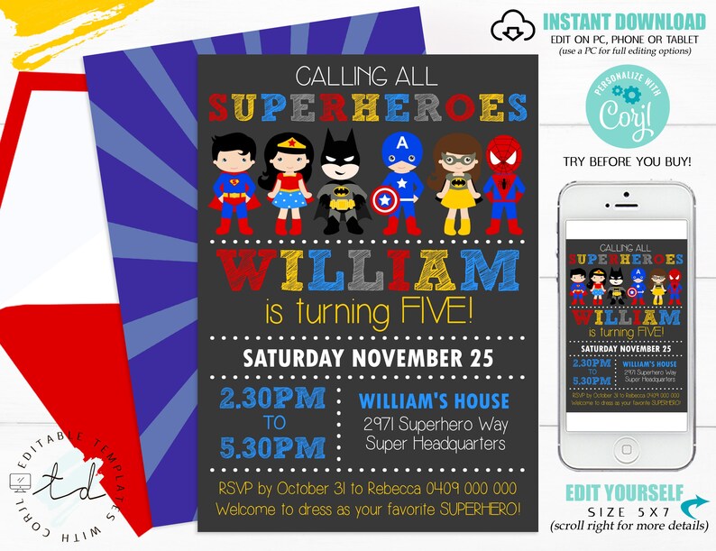 SUPERHERO INVITATION EDITABLE Superhero Invitation Superhero Party Superhero Boy Girl Party Invitation Corjl Editable Superhero Invite 0276 image 2