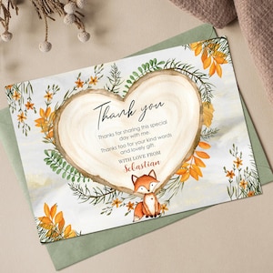 Invitation de remerciement RENARD carte de remerciement modifiable des bois, carte de remerciement d'anniversaire des bois coeur des bois baby shower renard carte de remerciement Corjl