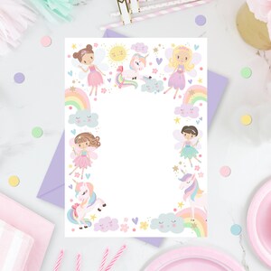 May include: A printable invitation card with a white background and a border of colorful fairies, unicorns, rainbows, and clouds. The card is perfect for a birthday party or other special occasion.