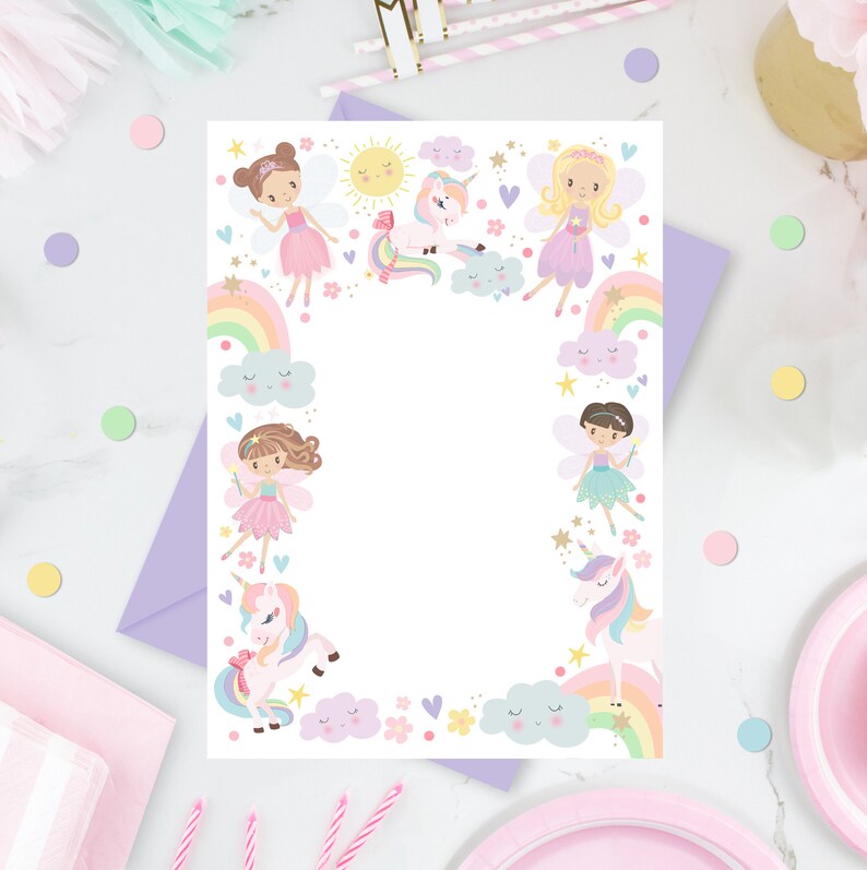 May include: A printable invitation card with a white background and a border of colorful fairies, unicorns, rainbows, and clouds. The card is perfect for a birthday party or other special occasion.