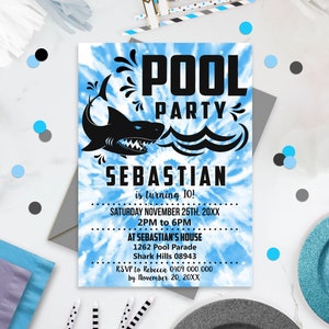 POOL PARTY INVITATION Boy Tie Dye Pool Party Invitation Editable Tie Dye Pool Party Invitation Instant Download Pool Shark Invitation Corjl