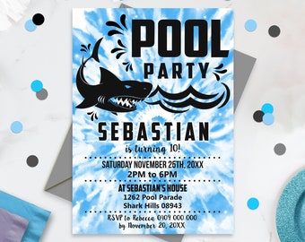 POOL PARTY INVITATION Boy Tie Dye Pool Party Invitation Editable Tie Dye Pool Party Invitation Instant Download Pool Shark Invitation Corjl