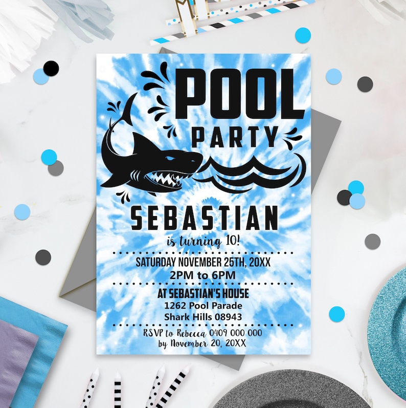 POOL PARTY INVITATION Boy Tie Dye Pool Party Invitation Editable Tie Dye Pool Party Invitation Instant Download Pool Shark Invitation Corjl image 1