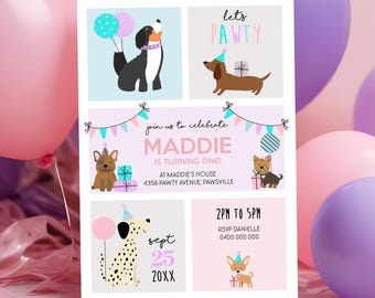 Puede incluir: Una invitación colorida para una fiesta de cumpleaños con temática de perros para una niña llamada Maddie. La invitación presenta ilustraciones de perros, globos y decoraciones de fiesta. El texto de la invitación dice "Let's Pawty", "Join us to celebrate Maddie is turning one!" y "Sept 25 20XX".