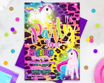 RAINBOW UNICORN Party Invitation Editable Corjl Rainbow Unicorn Cheetah Invitation Instant Download Tie Dye Unicorn Rainbow Birthday