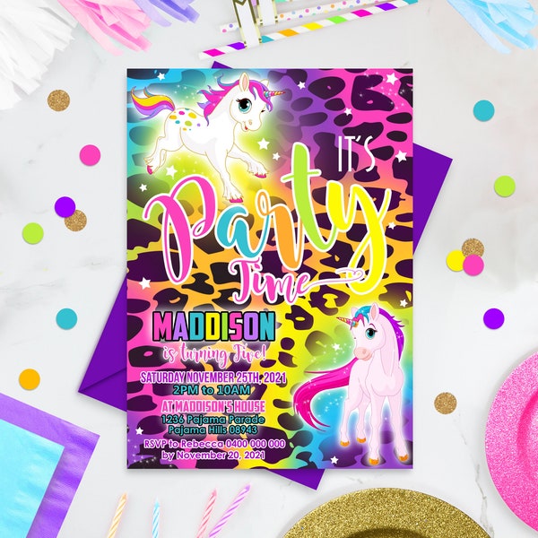 RAINBOW UNICORN Party Invitation Editable Corjl Rainbow Unicorn Cheetah Invitación Descarga instantánea Tie Dye Unicorn Rainbow Cumpleaños