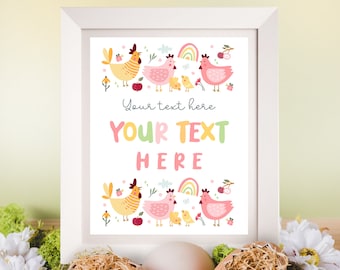 May include: A white frame with a printable design featuring a family of chickens with chicks. The text "Your text here YOUR TEXT HERE" is in the center of the design. The design is surrounded by flowers and a rainbow.