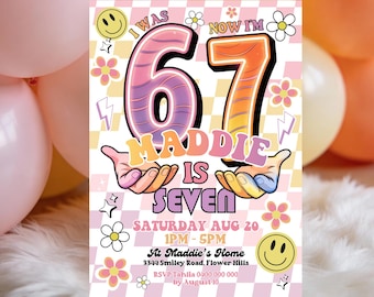 6-7 Girl Birthday Invitation | Preppy Six Seven Retro Birthday Invite | Instant Download