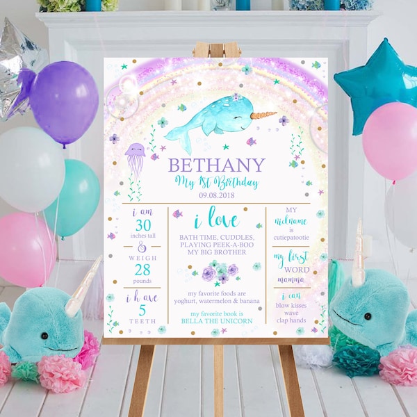 Girl Narwhal Birthday Milestone Poster: Under the Sea Printable (Digital Download)