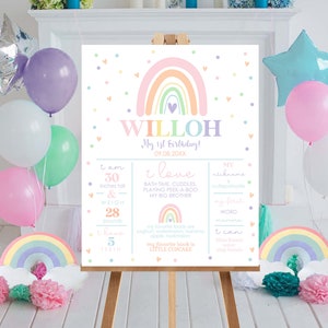 RAINBOW Birthday Decorations Editable Modern Rainbow Milestone Birthday Poster Printable Pastel Rainbow Chalkboard Milestone Poster Corjl