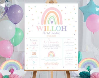 RAINBOW Birthday Decorations Editable Modern Rainbow Milestone Birthday Poster Printable Pastel Rainbow Chalkboard Milestone Poster Corjl