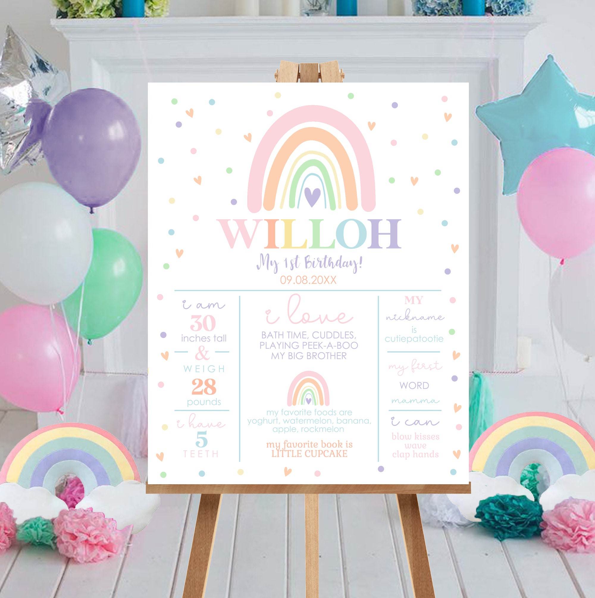 Pastel Rainbow Birthday Invitation Bundle, Pastel 1st Birthday Invite,  Rainbow Birthday, 1st Birthday Girl, Pastel Rainbow Party Decorations 