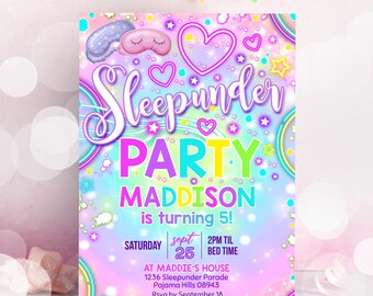 Neon Rainbow Sleepunder Party Invitation: Editable pajama birthday Invite (Digital Download)