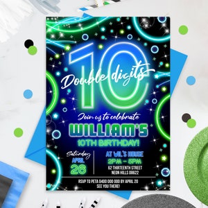 NEON 10th Birthday Invitation Instant Download Tenth Boy Birthday Invitation Editable DOUBLE DIGITS Boy Party Invitation 10th Birthday Glow