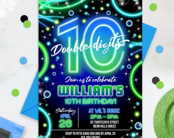 NEON 10th Birthday Invitation Instant Download Tenth Boy Birthday Invitation Editable DOUBLE DIGITS Boy Party Invitation 10th Birthday Glow