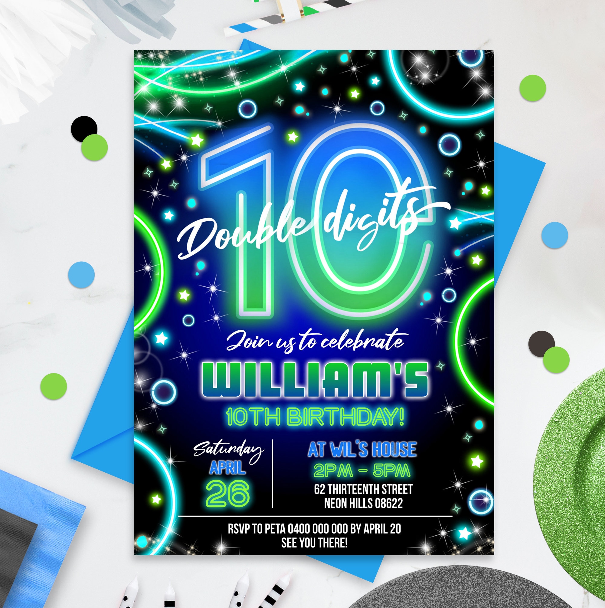 NEON 10th Birthday Invitation Instant Download Tenth Boy Birthday Invitation Editable DOUBLE DIGITS Boy Party Invitation 10th Birthday Glow - Etsy for Free Printable 10th Birthday Invitations