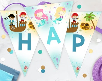 Mermaid Pirate Birthday Banner: Editable Party Flags (Digital Download)