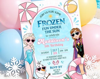 May include: A rectangular birthday invitation card featuring Frozen characters Elsa, Anna, and Olaf wearing heart-shaped sunglasses. The text reads: Join us for some Frozen fun under the sun to celebrate Maddison's 5th birthday, Saturday July 25, 2pm-5pm.