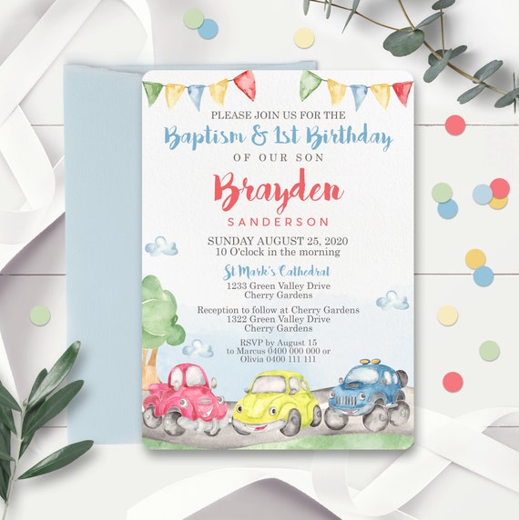 Cars Baptism And 1st Birthday Invitation Instant Download Boy.