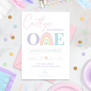 RAINBOW 1er cumpleaños invitación editable Pastel Rainbow Invitación Digital Modern Rainbow Primer Cumpleaños Invitar Pastel Boho Rainbow Invitar
