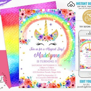 RAINBOW UNICORN Party Invitation Editable Corjl Rainbow Unicorn Invitation Instant Download Bright Unicorn Rainbow Birthday Invitation 0261 image 2