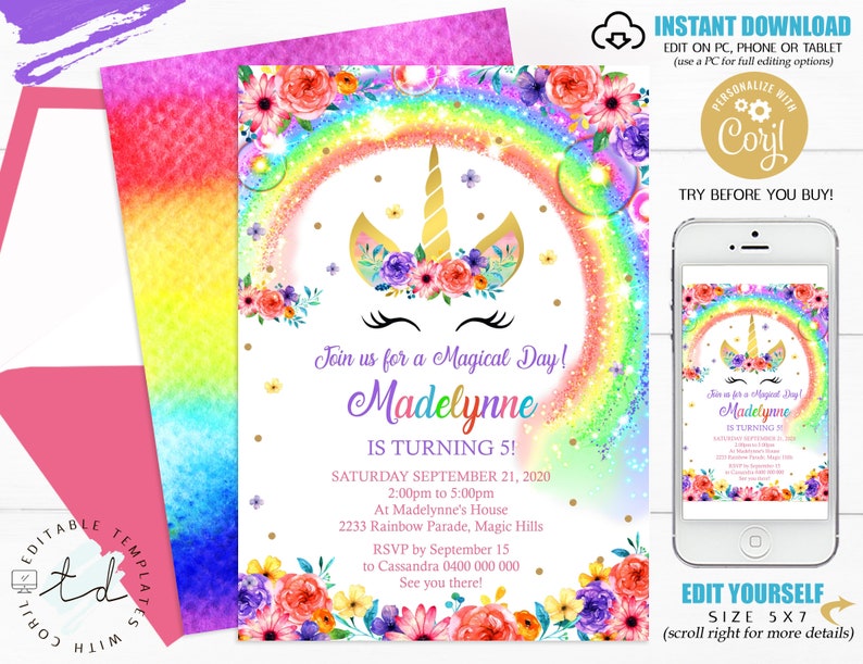 RAINBOW UNICORN Party Invitation Editable Corjl Rainbow Unicorn Invitation Instant Download Bright Unicorn Rainbow Birthday Invitation 0261 image 2