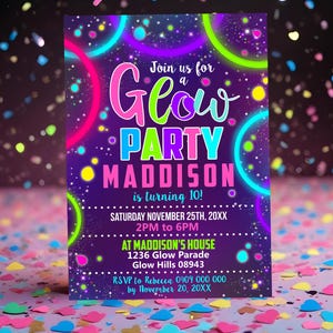 May include: Neon glow party invitation with a purple background and colorful neon circles. The text reads "Join us for a Glow Party Maddison is turning 10! Saturday November 25th, 20XX 2PM to 6PM at Maddison's House 1236 Glow Parade Glow Hills 08943 RSVP to Rebecca 0409 000 000 by November 20, 20XX"