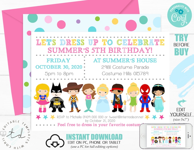 COSTUME PARTY INVITATION Instant Download Dress up Party Invitation Costume Party Invitation Kids Costume Birthday Invitation Corjl 0221 image 2