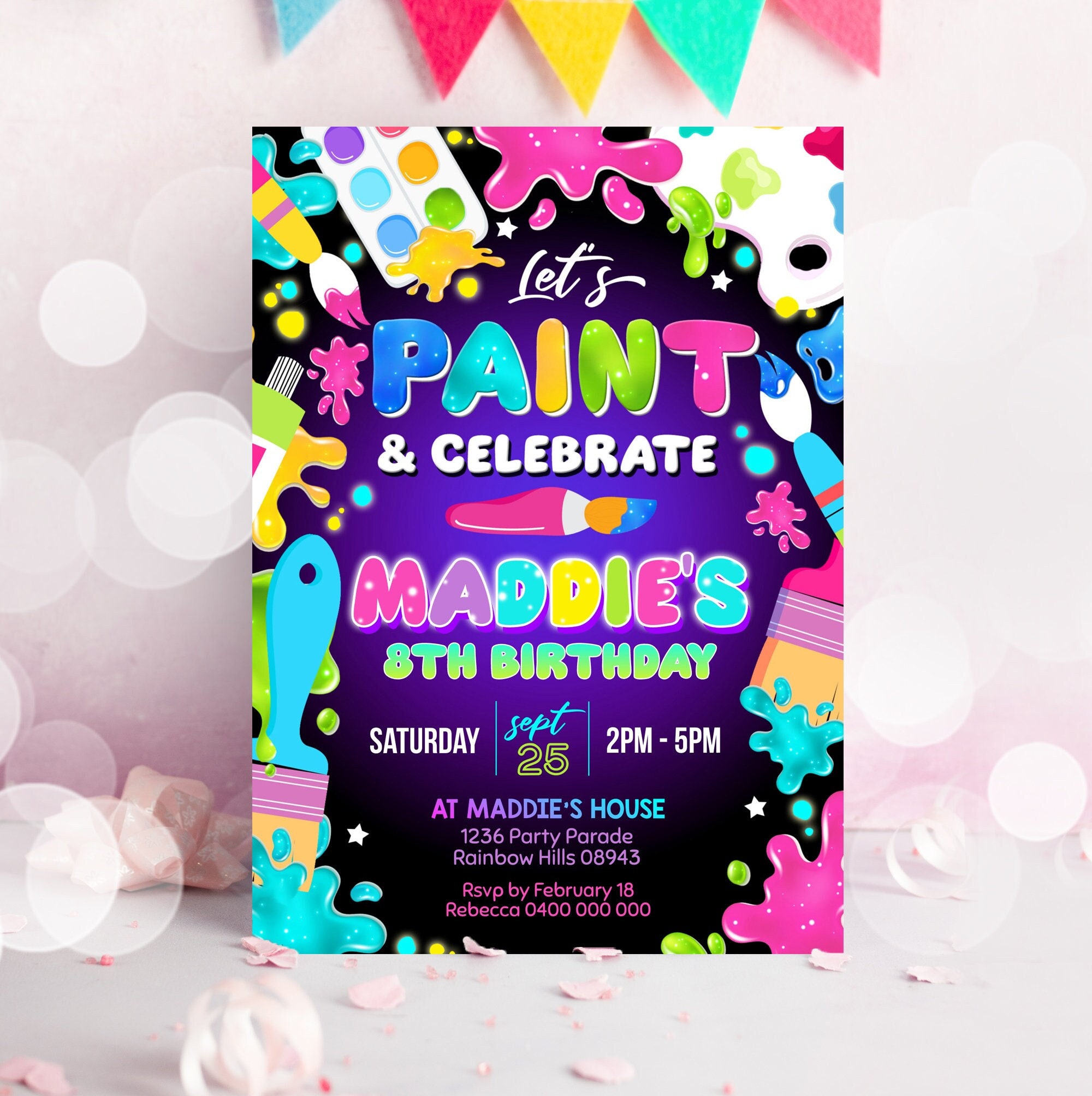 Paint Party Birthday Invitation: Neon Art, Ceramics (digital