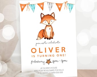 Fox Birthday Invitation: Woodland Party, First Birthday (Digital Download)